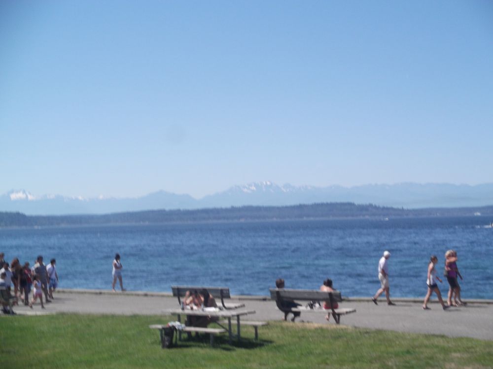 People walking and cycling along the Alki Beach promenade in West Seattle on a warm summer day, with the sandy beach and Elliott Bay stretching to the right